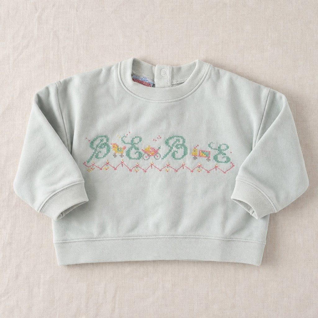 Sudadera vintage menta con bordado punto cruz BÉBÉ