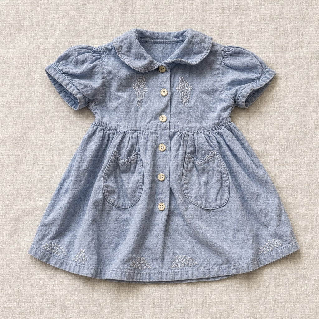 Vestido vintage azul claro con cuello bobo y bordados