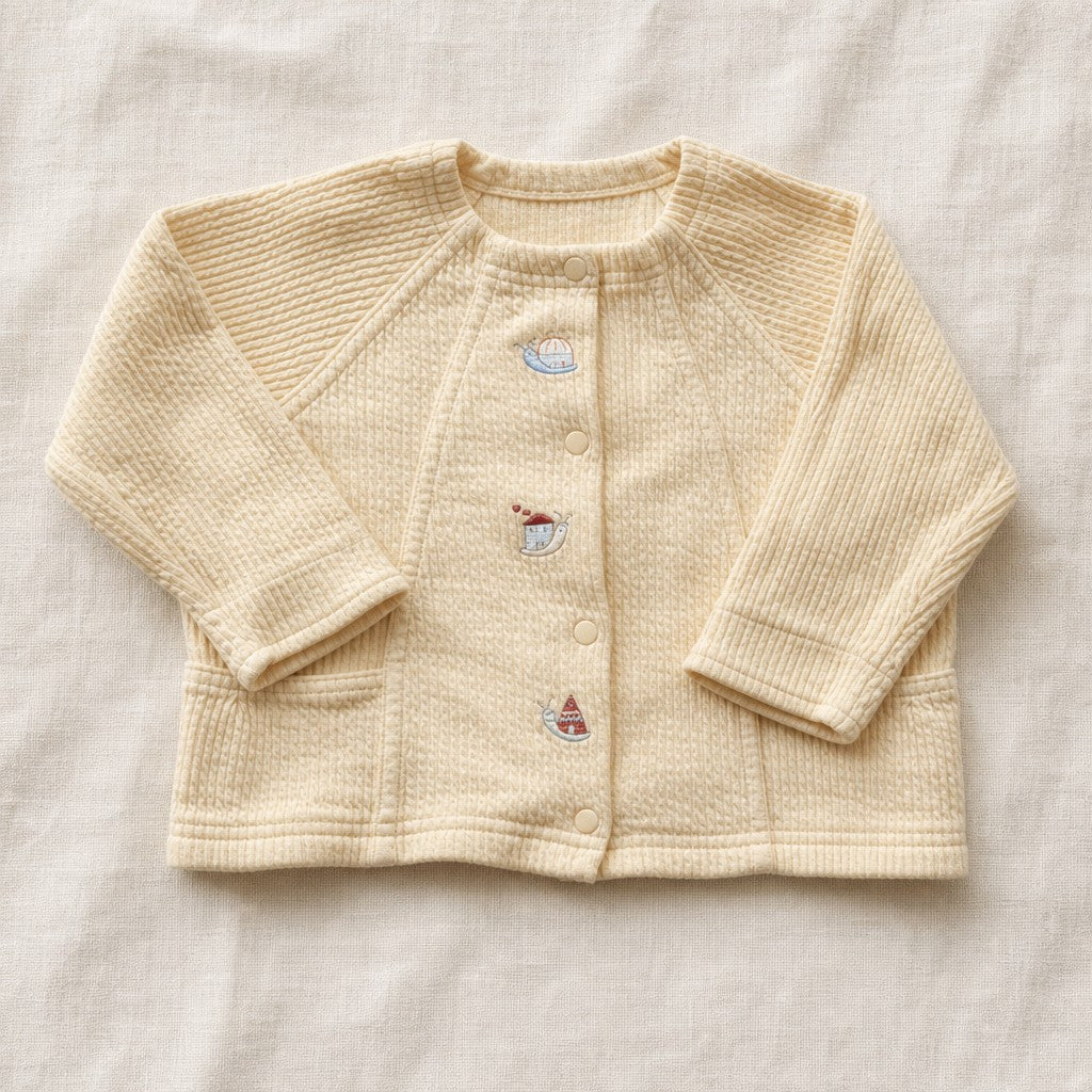 Cardigan vintage butter yellow con bordados de barcos