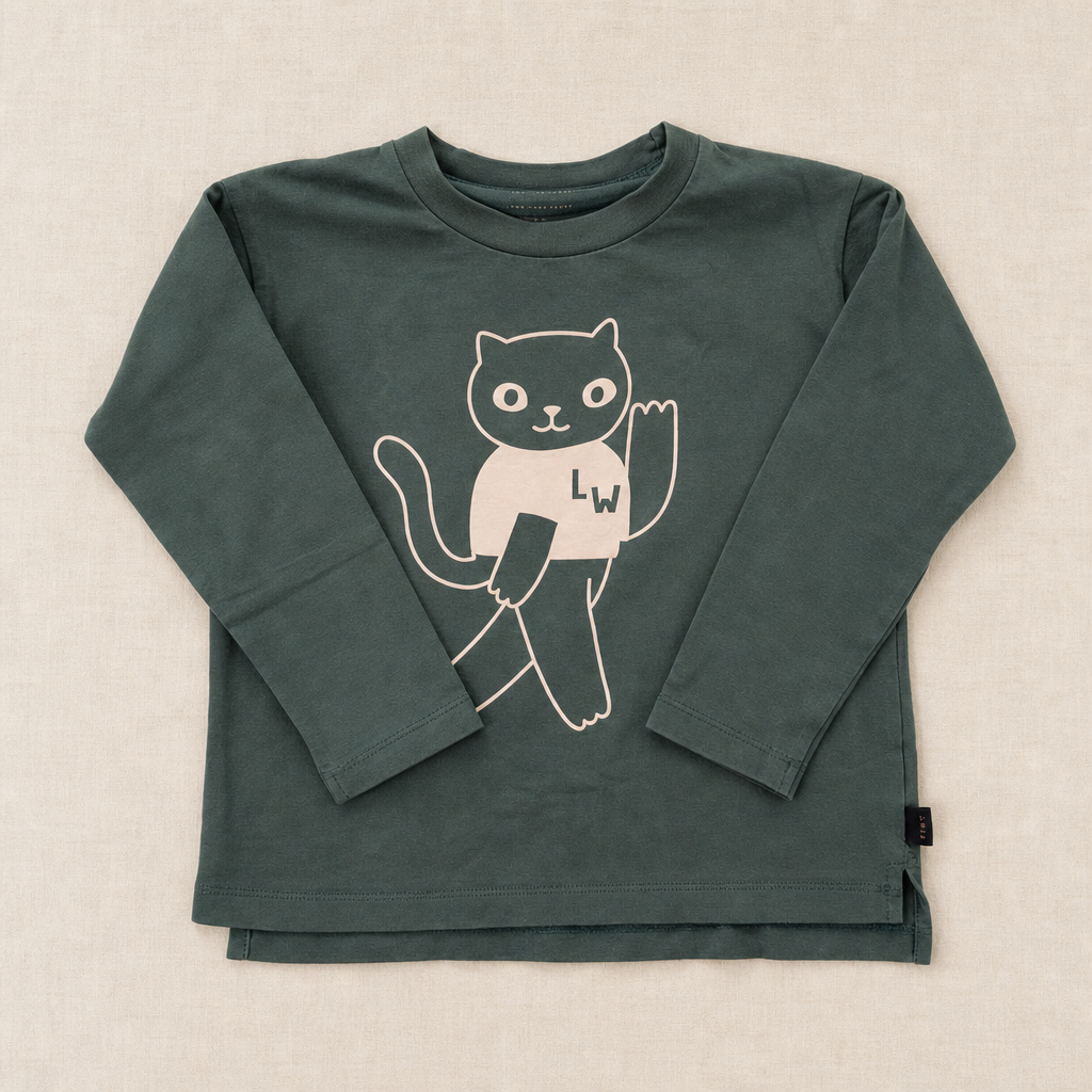 Camiseta Tinycottons verde bosque con gato