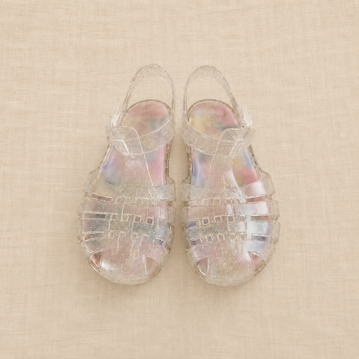 Cangrejeras transparentes con purpurina para niña, estilo verano.