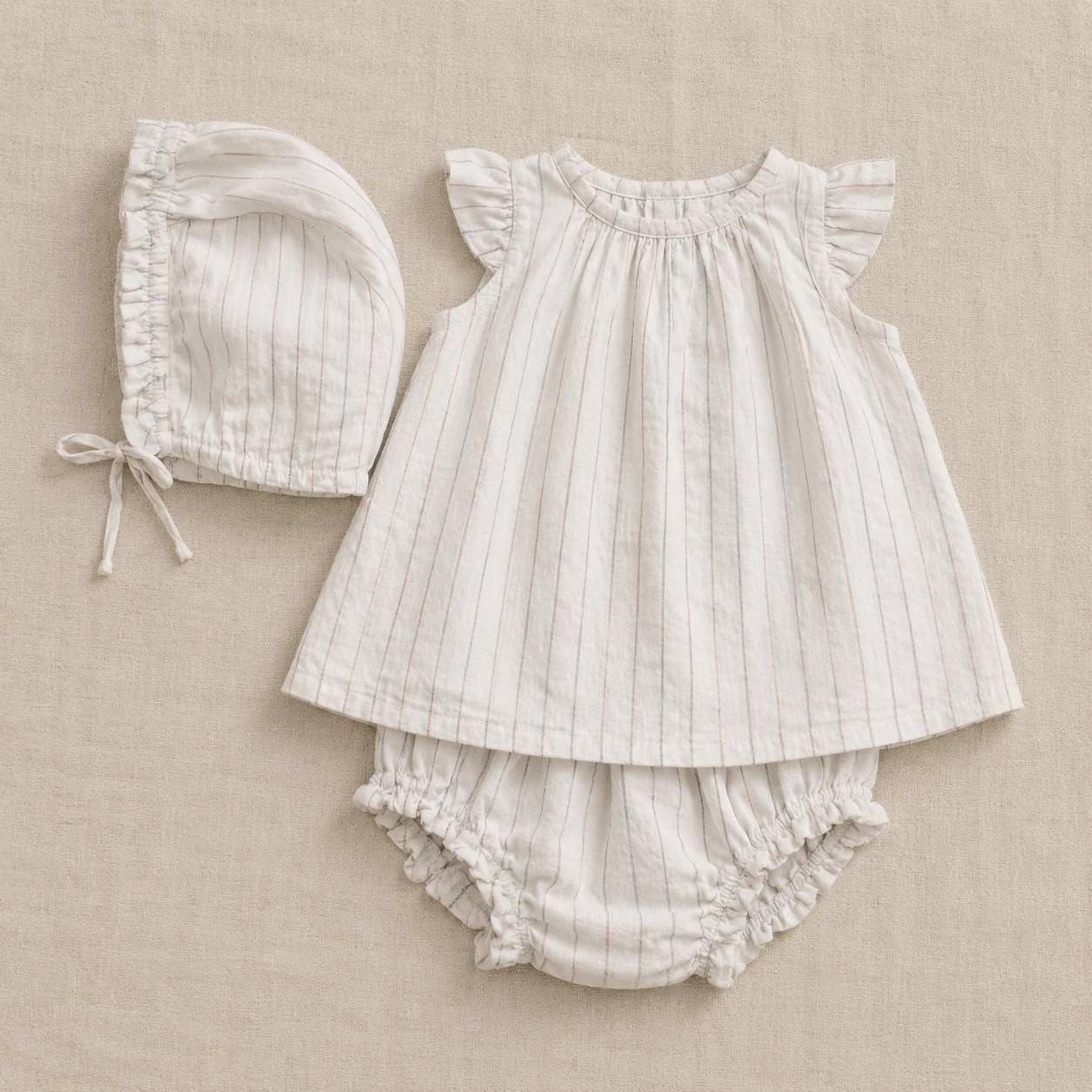 Vestido lino rayas con capota y bloomer