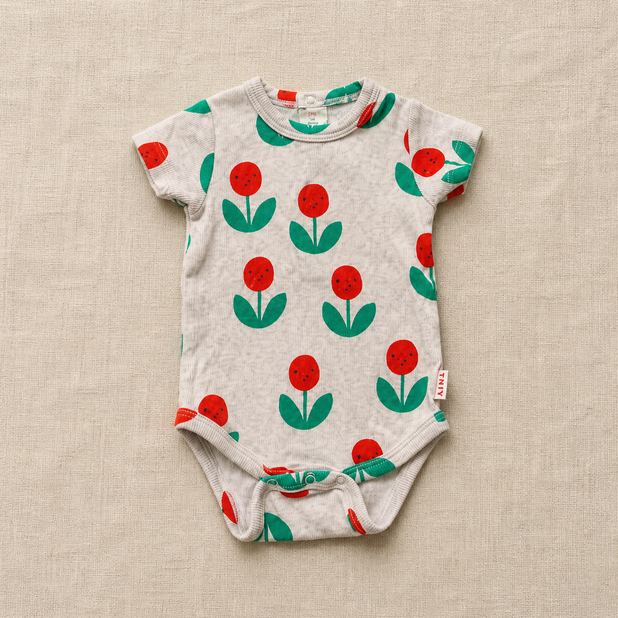 Body Tinycottons de manga corta gris con flores rojas y hojas verdes - TRK-ROP-0274