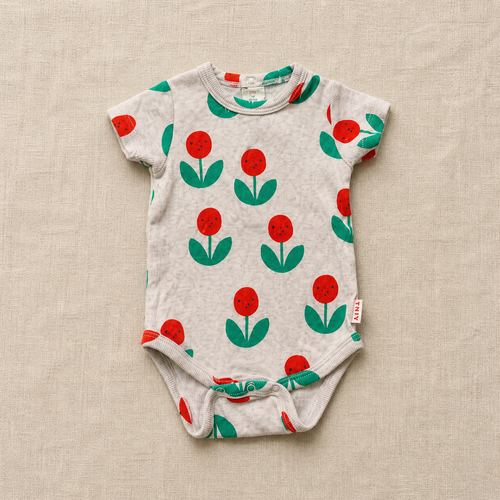 Body Tinycottons de manga corta gris con flores rojas y hojas verdes - TRK-ROP-0274